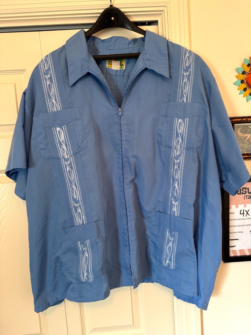 Guayabera Shirt Mens 4XL Aqua Blue Full-Zip Embroidered Cuban Haband 4 Pocket